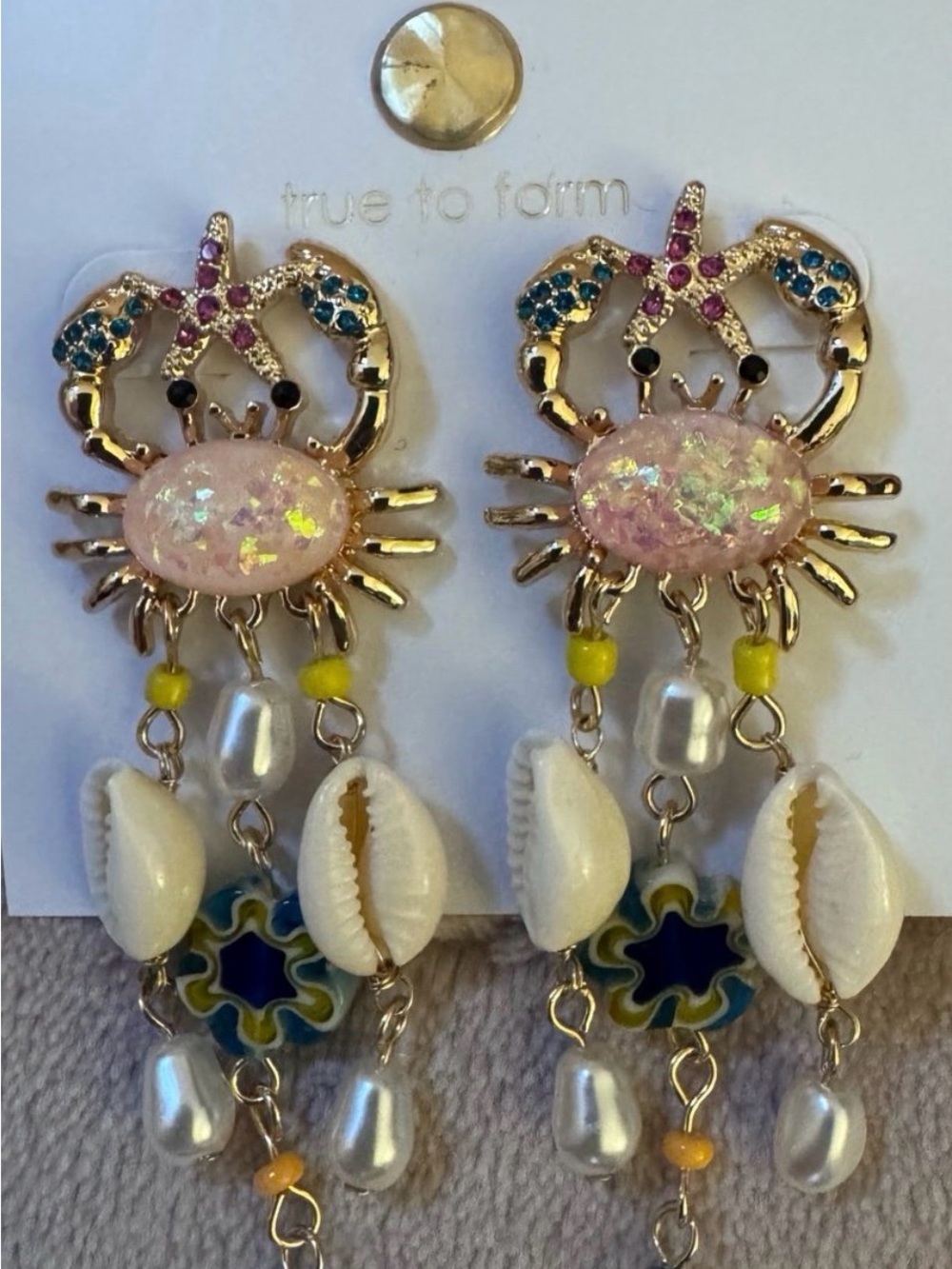 True to Form Pink Opal Crab Drop Earrings - Beach Shell Dangle - Picture 3 of 4